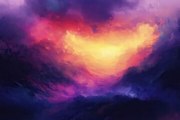 Fototapeta premium Abstract Painting of a Purple and Yellow Sunset Over a Mountain Range