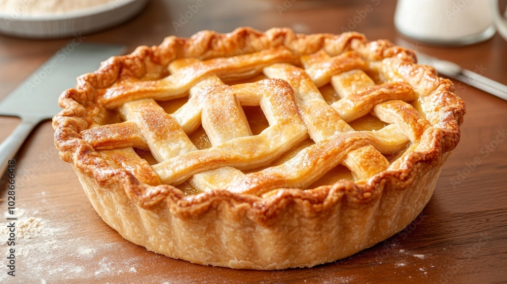 Poster delicious pie with the pi symbol cut into the crust, sitting on a wooden table surrounded by flour a