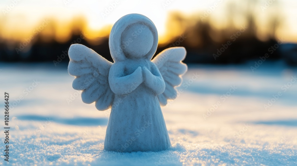 Canvas Prints Delicate snow figure shaped like an angel, with intricately detailed wings, standing serenely in a snowy meadow, bathed in soft golden sunlight 