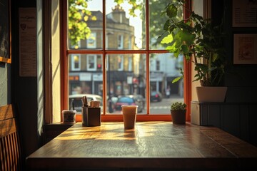 A cozy cafe scene with a table by the window. Warm sunlight brightens the space. A feeling of relaxation and community is captured in this inviting environment. Generative AI