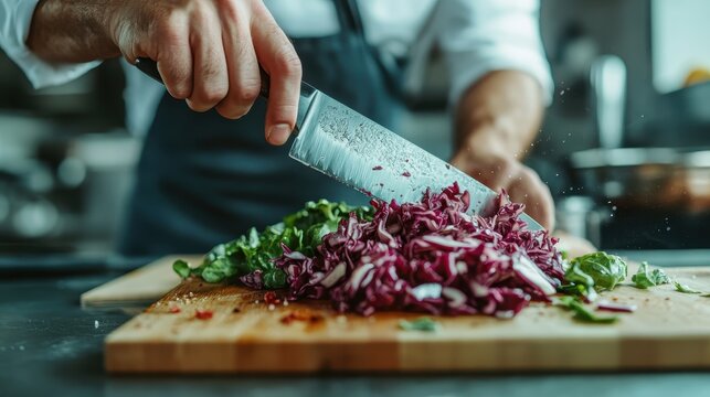 A chef expertly chops purple cabbage on a wooden cutting board in a bustling kitchen environment, showcasing sharp culinary skills and dedication to gastronomy.