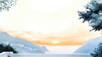 Obraz premium Serene Coastal Sunrise with Lush Foliage and Calm Waters