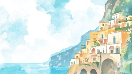Mediterranean Seaside Village Watercolor Illustration