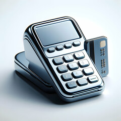 Obraz premium 3D Glossy Credit Card Terminal on White Countertop | Sleek Design for Transactions, Symbolizing Revenue and Offers | Ample Copy Space