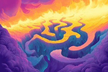 Abstract Landscape with Swirling Purple and Yellow Formations