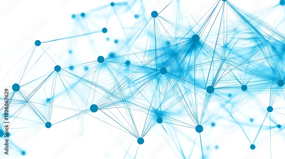 Poster abstract blue network with connected dots on a white background.