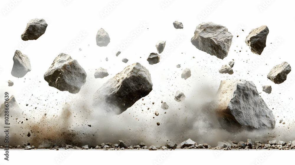 Aufkleber exploding rocks creating dust and debris in a dynamic scene.