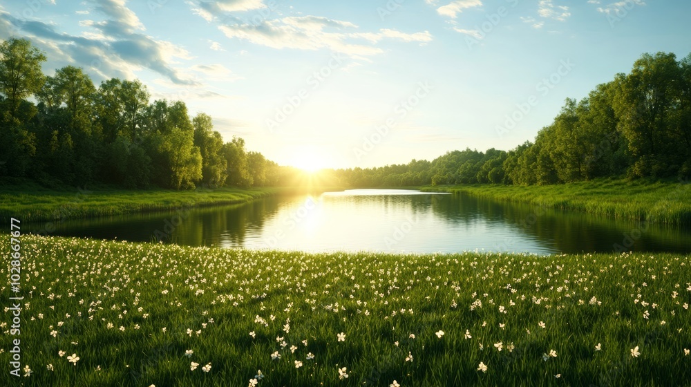 Sticker Peaceful countryside with golden sunlight reflecting off a calm river, surrounded by blooming trees and wildflowers, symbolizing balance and growth for the Spring Equinox 