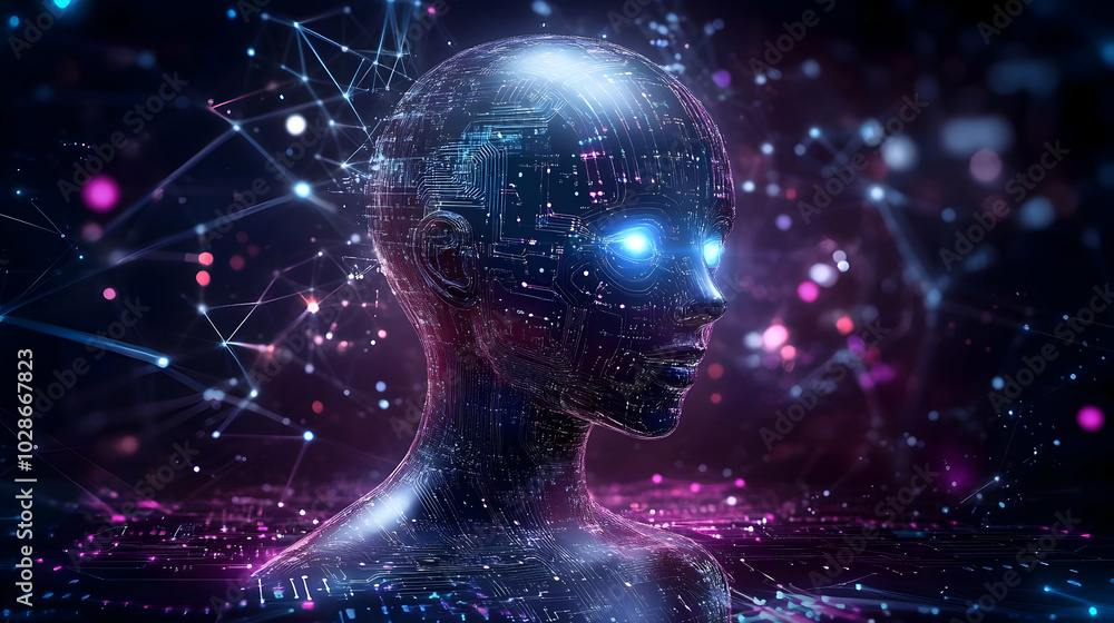 Poster futuristic digital figure with glowing eyes and circuit patterns.