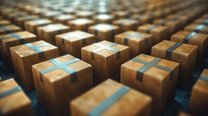 Obraz premium Stacks of meticulously arranged brown packages with blue straps in a warm-toned warehouse during golden hour. Generative AI