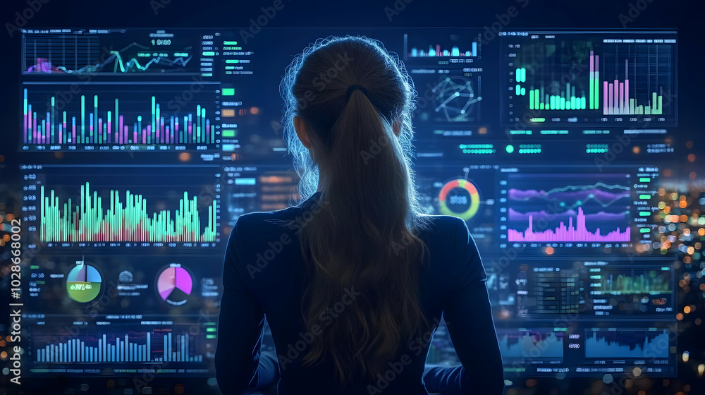 Poster woman analyzing data on a digital screen in a modern setting.