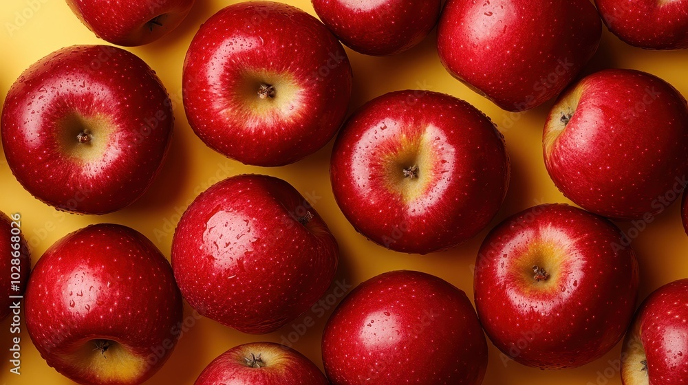 Poster multiple vibrant red apples with water droplets are placed neatly on a smooth yellow background crea