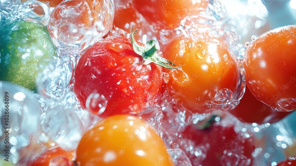 Poster ripe red tomatoes with vibrant surfaces are shown submerged in sparkling water with visible bubbles 