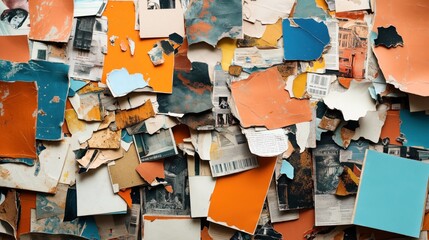 Collage of torn colorful paper and vintage newspaper fragments layered in an abstract arrangement