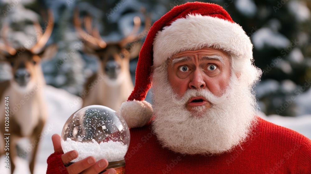 Wall mural santa with a scowl on his face, shaking a snow globe angrily, while reindeer in the background look 