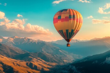 Fototapeta premium A colorful hot air balloon gracefully soars above breathtaking mountains. The clouds reflect warm sunlight. Experience adventure in the skies. Generative AI