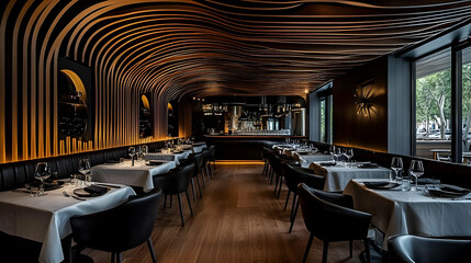 Elegant restaurant interior with modern design and ambient lighting.