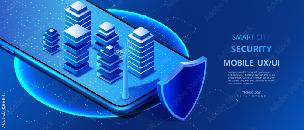 Poster protect smart city. protection big data. center server security with shield. work innovation server.