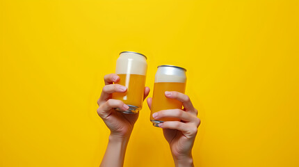 A minimalist mockup featuring human hands holding aluminum cans against a vibrant yellow background, conveying a sense of refreshment and modern simplicity.