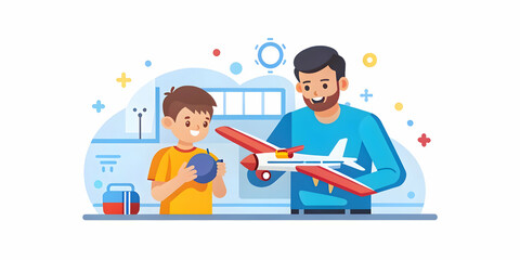 Engaging Generations: A Father and Son Collaborate on Building a Model Airplane in a Bright Garage ? Fostering Skills and Interests Together in Stock Photo