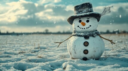Snowman with his hat blowing off in a gust of wind, standing alone in an empty snowy field, his stick arms drooping and coal buttons scattered 