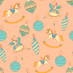 Balls, bubbles, horses.
Christmas holiday New Year and Easter seamless pattern illustration with Christmas tree decorations.