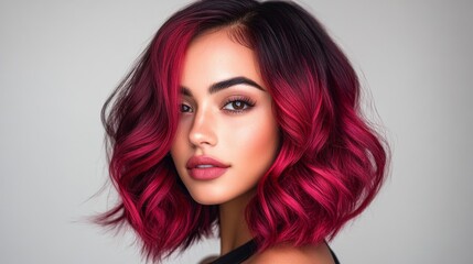 Woman with elegant burgundy balayage, her hair transitioning from dark roots to vibrant red and plum ends, styled in soft waves for a chic, modern look 