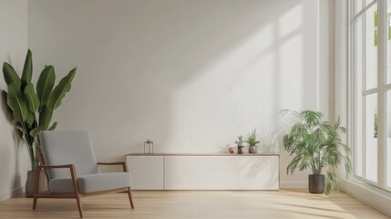 Bright, minimalist living room with plants and wooden accents.