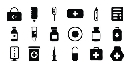 Healthcare Icons Set - Medication, Bandages, and Medical Supplies in Silhouette