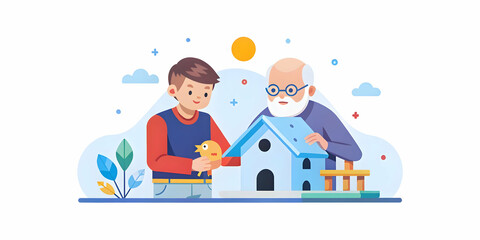 Fototapeta premium Charming Generational Collaboration: A Young Boy and His Elderly Grandfather Build a Birdhouse Together in a Sunny Backyard - Emphasizing Creativity and Patience