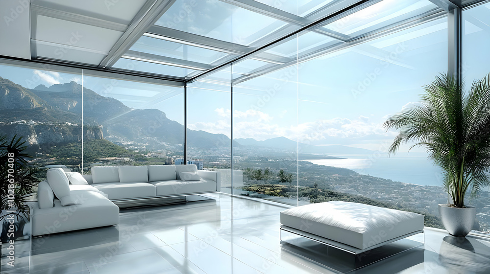 Poster Modern glass-walled living room with mountain and sea views.