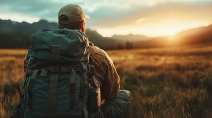 A solitary hiker, with a large backpack, gazes thoughtfully at the rising sun over a vast meadow, capturing the essence of adventure and introspection in nature.