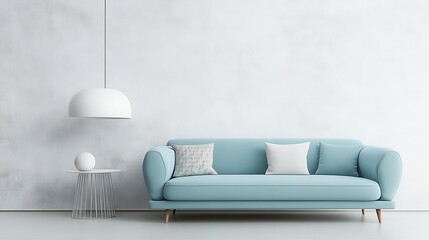 A minimalist living room with a light blue sofa, white walls, and a modern pendant lamp.