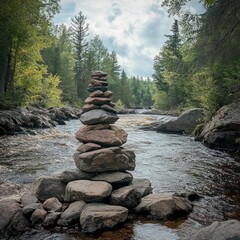 A stone cairn stands tall in the middle of a rushing river, surrounded by lush greenery and a cloudy sky.