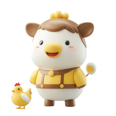 A cute cartoon character in yellow outfit with a cheerful expression, accompanied by a small chick, perfect for children's themes.