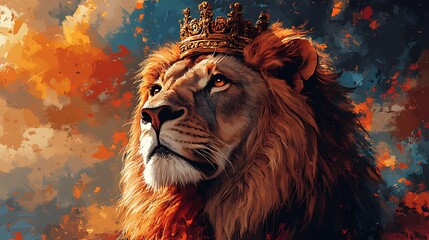 Fototapeta premium A majestic lion with a golden crown on its head, looking towards the sky with a confident and powerful expression.