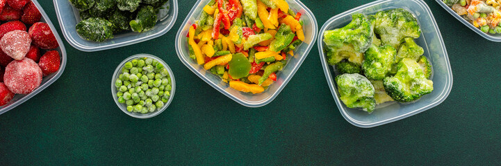 Food in winter, freezing fresh vegetables in summer in the refrigerator, various frozen vegetables in plastic dishes in the middle of the background, banner
