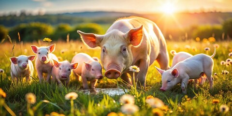 Adorable Farm Piglets Feeding on Sow's Milk in a Lush Pasture - Growing Healthy Piglets on the Farm