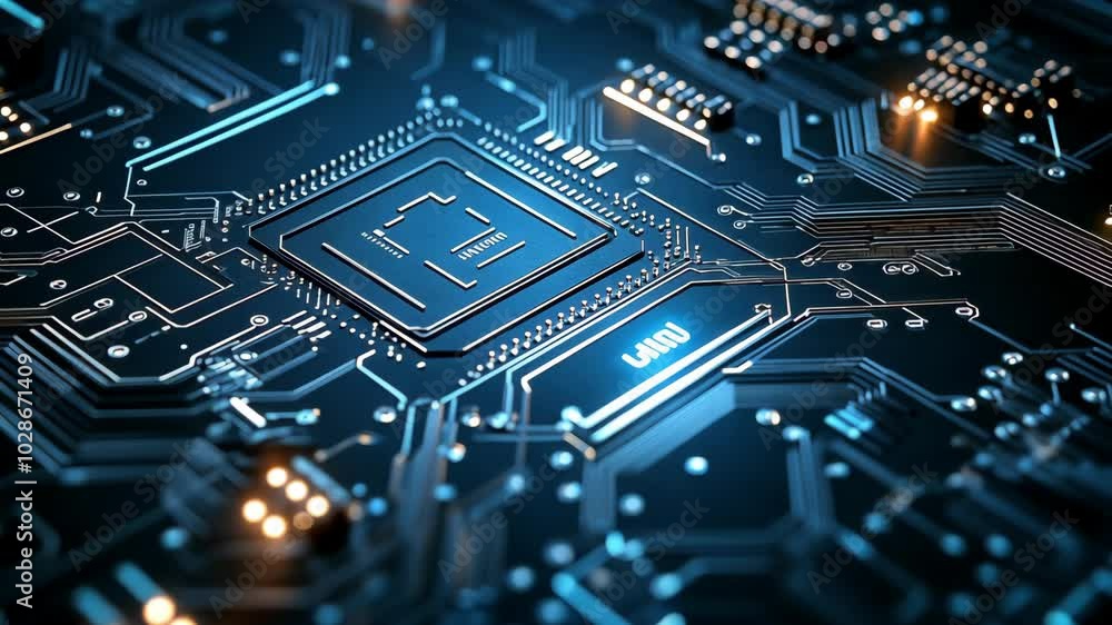 Poster a close-up of a circuit board with glowing blue lines and a large chip