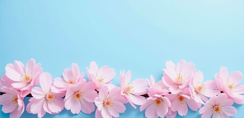 Obraz premium Delicate pink cherry blossoms on a light blue background for spring design