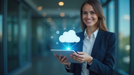 Professional woman in business attire engages with cloud technology on tablet
