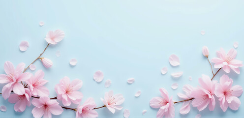 Spring cherry blossom flowers on light blue background for elegant designs