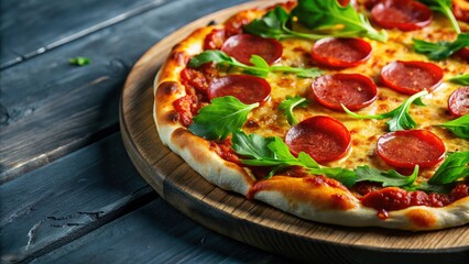 Delicious pepperoni pizza with bubbling cheese and fresh arugula