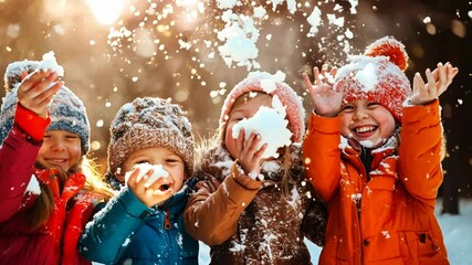 Four children in winter clothes playing in the snow, laughing and having fun.