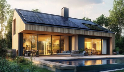 Fototapeta premium Stylish solar-powered house with glass fa?ade, wooden elements, and pool amidst lush greenery at sunset.