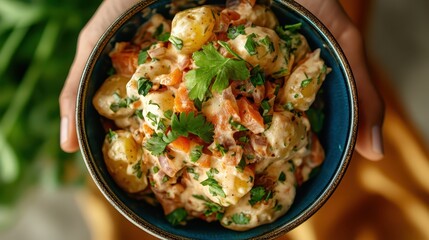 A hand gently holds a bowl filled with a creamy potato salad, garnished with parsley, creating an artisanal and inviting culinary experience.