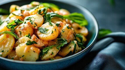 A close-up depiction of a fresh potato salad in a serving bowl with vibrant greens and a touch of parsley, highlighting freshness and culinary beauty.