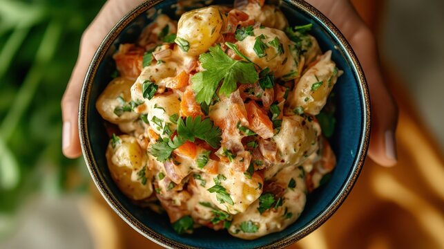 A hand gently holds a bowl filled with a creamy potato salad, garnished with parsley, creating an artisanal and inviting culinary experience.