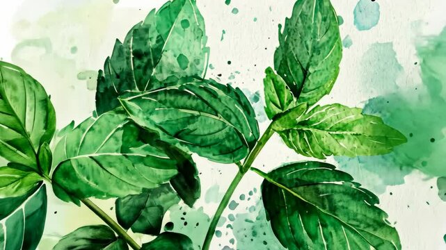 A watercolor painting of a green mint plant, featuring delicate details and a white background