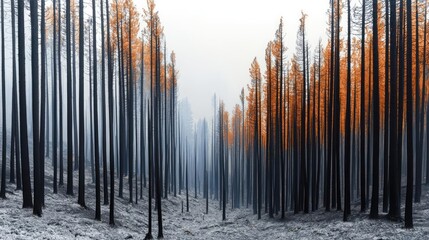 Obraz premium Burnt forest landscape with blackened trees and remnants of smoke in a misty atmosphere.